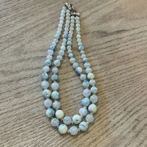 Double Strand White & Blue Beaded Necklace – 18” – Elegant Classic Style